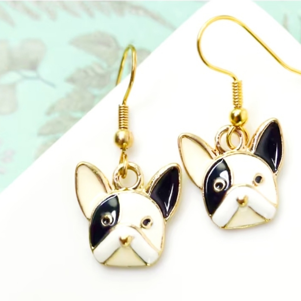 Gold plated black crystal Boston terrier/French bulldog earrings - Picture 10 of 11